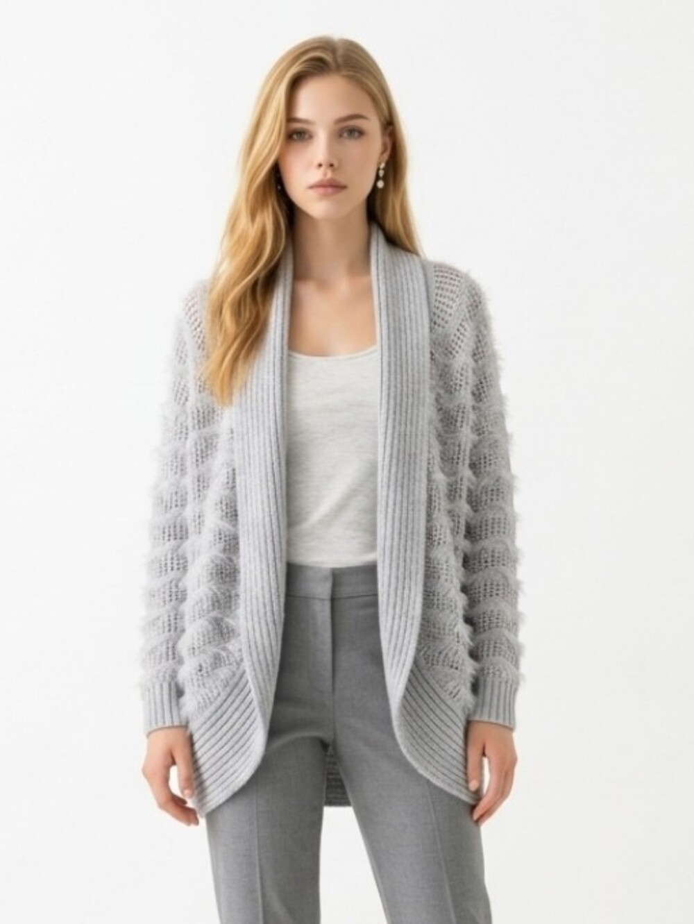 Candie's Women's Light Gray Open-Front Wave Knit Cardigan